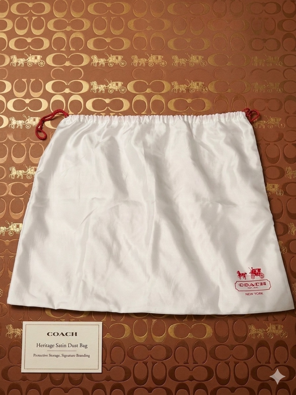 Authentic Coach White Satin Dust Bag with Red Logo and Drawstring